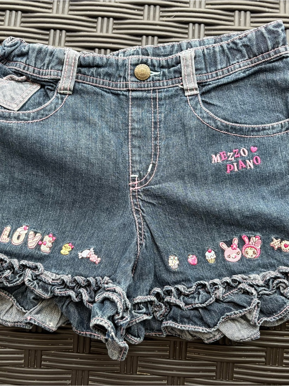 Mezzo Piano Girls Denim Ruffle Shorts in Dark Blue with Pink Accents